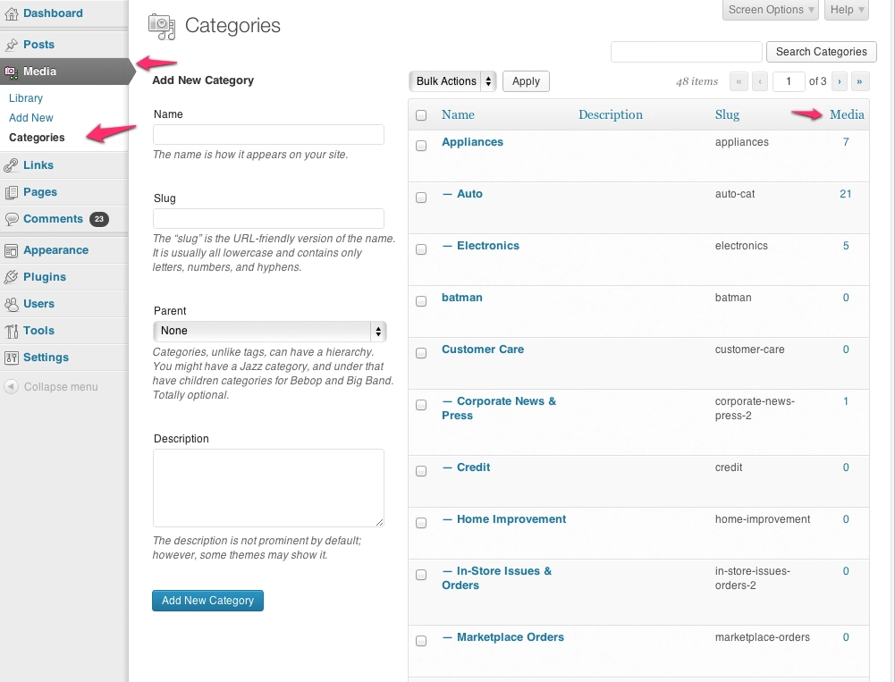 Taxonomy page for Media Library